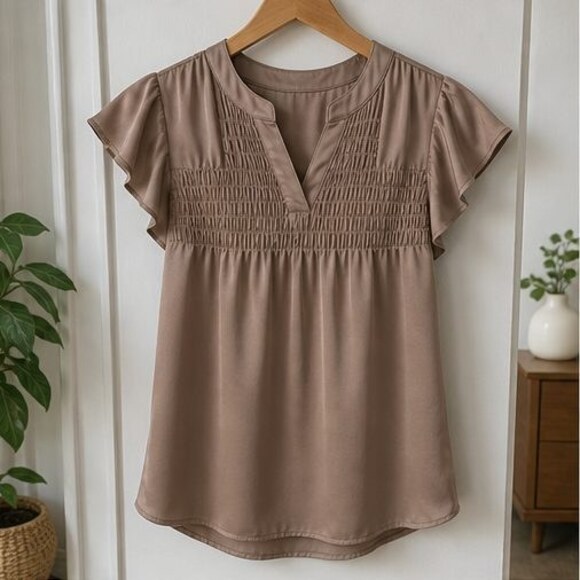 None Tops - Taupe Smocked Top